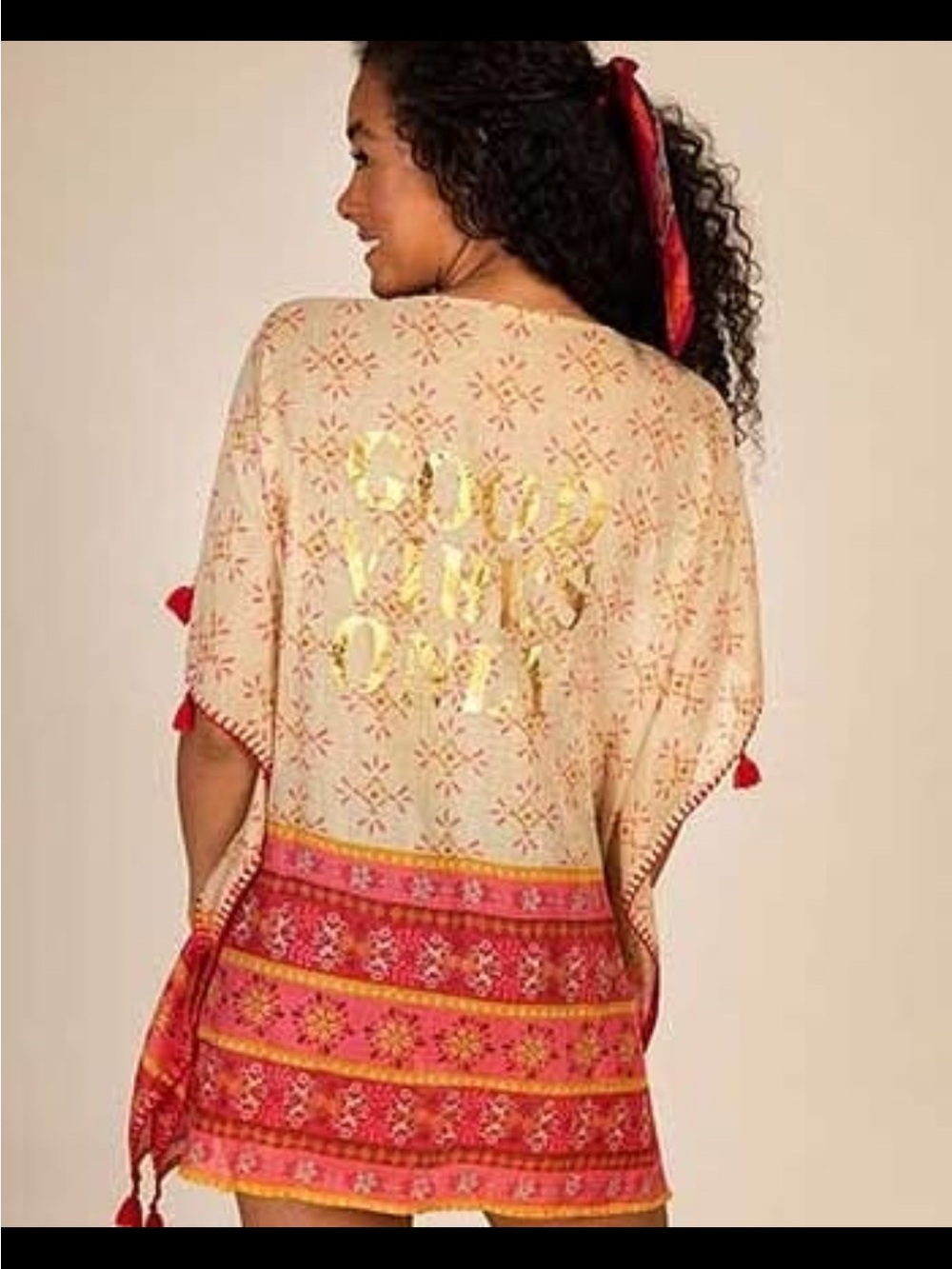 Natural Life Poncho Good Vibes Only OS Fringe Tassles Boho Beach 100% Cotton